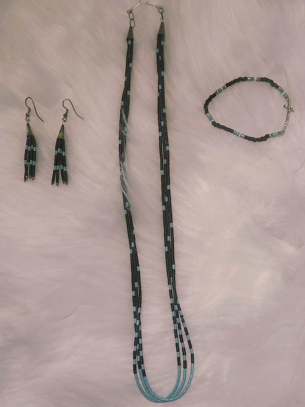 Frank Ortiz ORIGINAL San Felipe Pueblo Beaded Jewelry Set Black & Torquoise